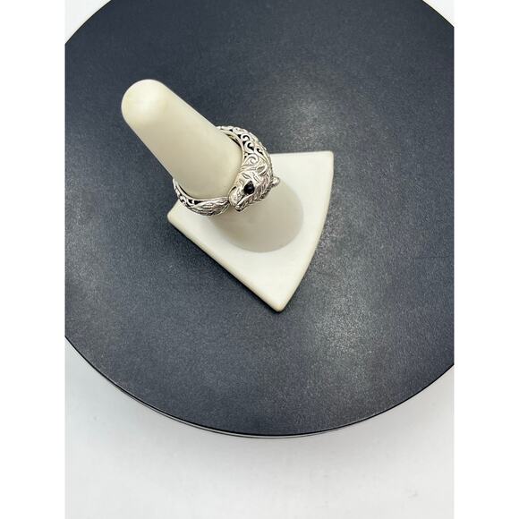 Sterling Silver Panther Scrollwork Intricate Bali Genuine Amethyst Eyes Ring 8 - Picture 2 of 12